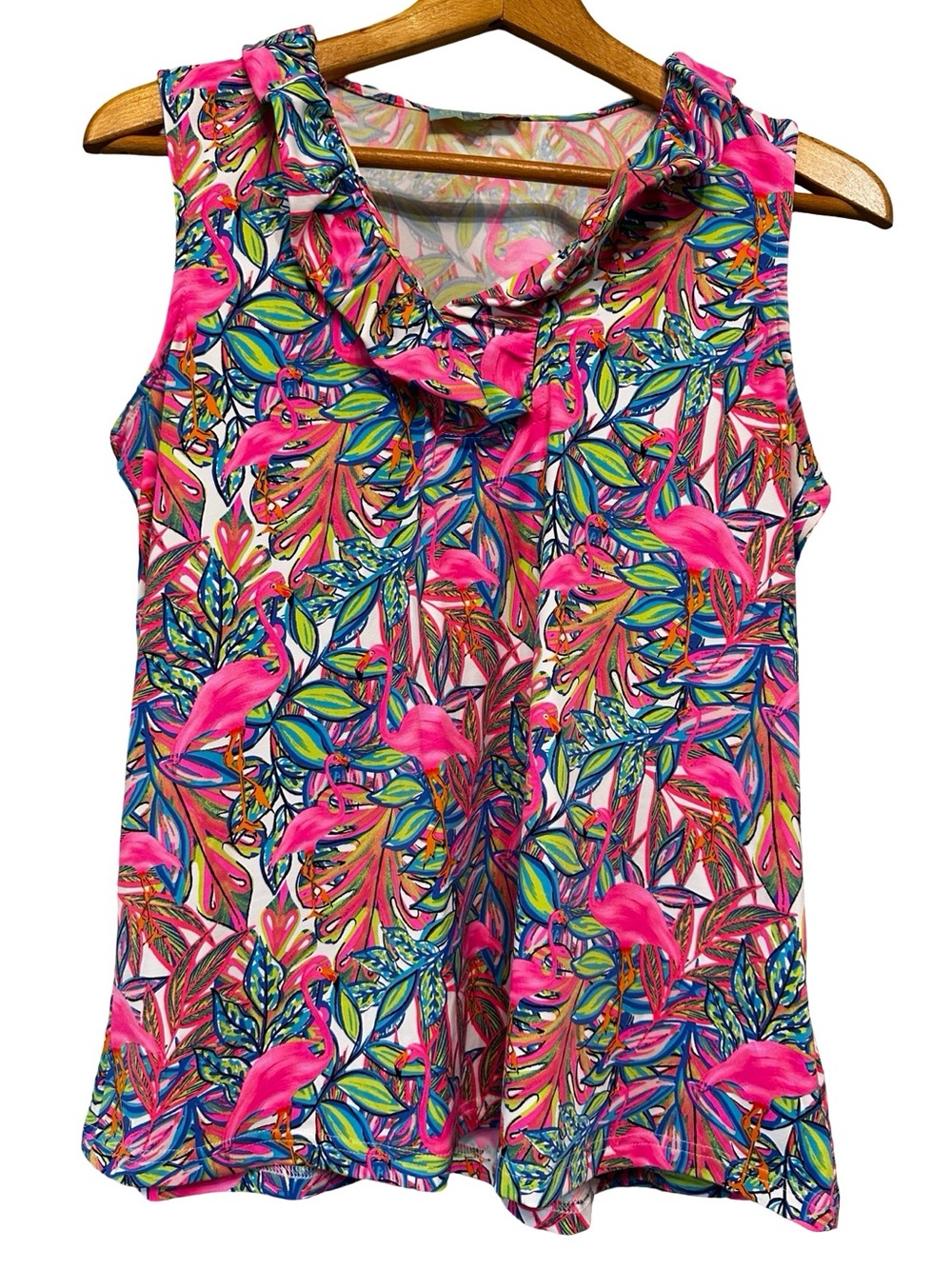 Anthony’s Resortwear Pink Flamingo Birds Ruffle Vneck Sleeveless Top SZ Large
